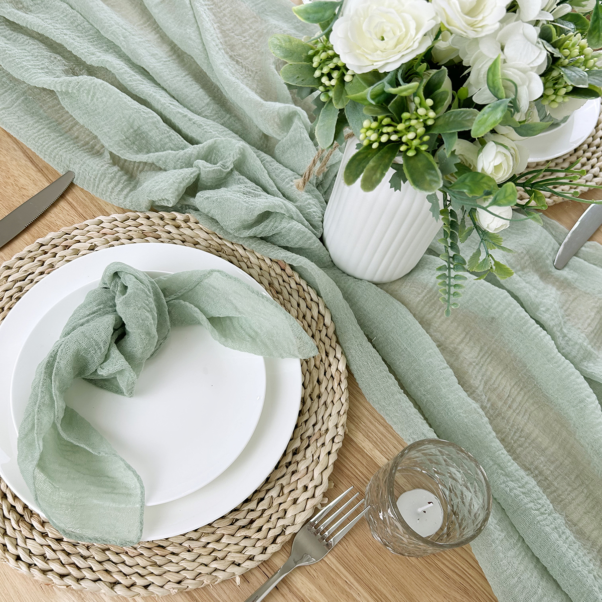 Christmas Table Runner - Sage Green Gauze Table Runner Boho